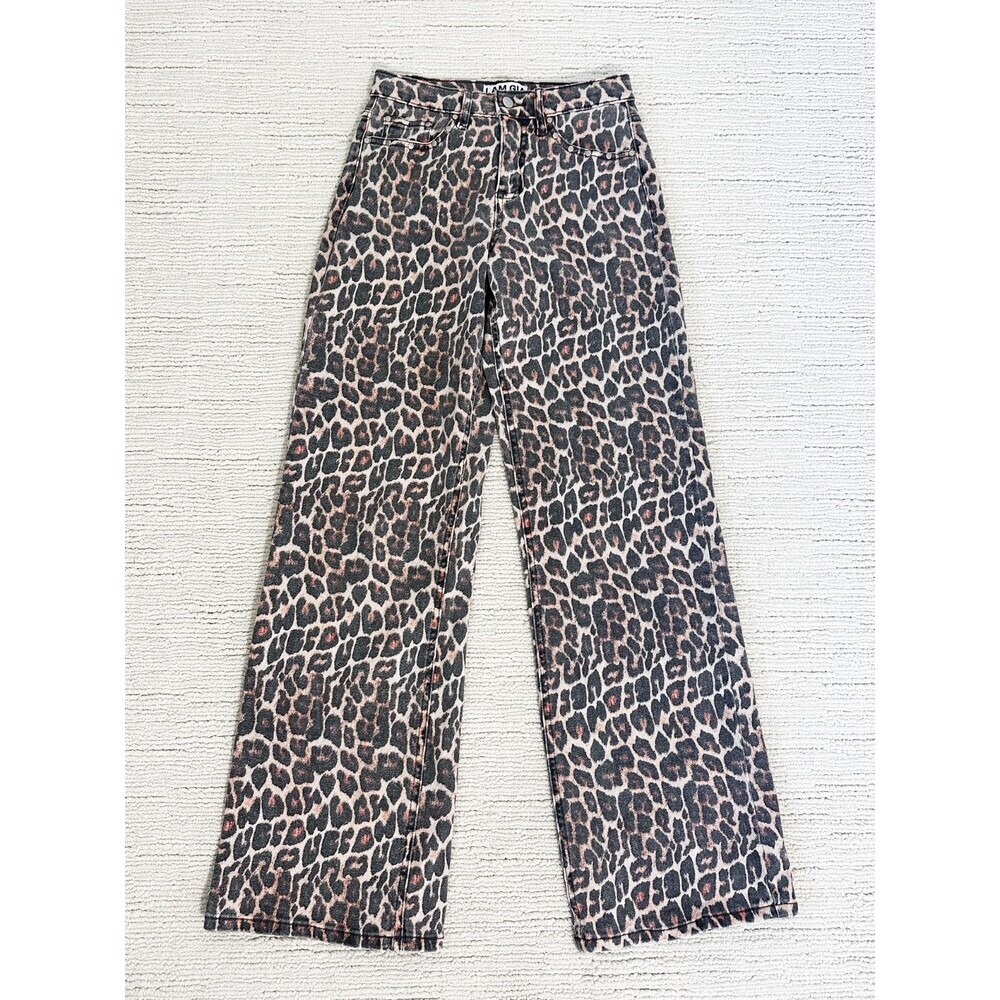 I. AM. GIA Leopard Print Studded Pocket Size XS Wide Leg Jeans Y2K Festival